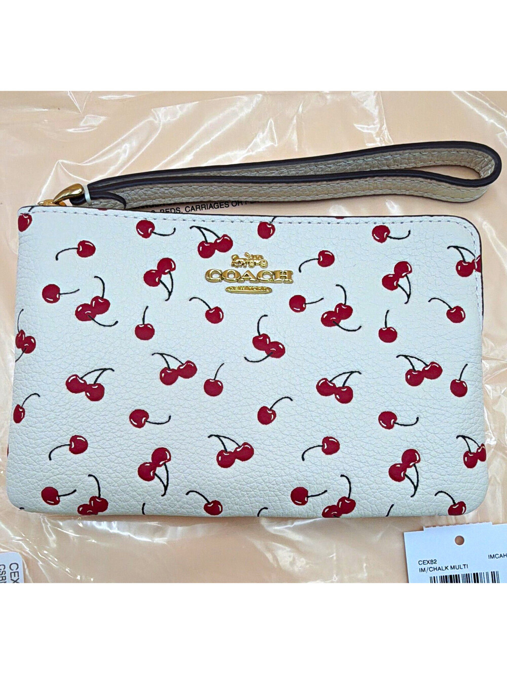 Coach Chalk Multi Cherry Print Zip Wristlet Pouch Gold Hardware Wrist Strap